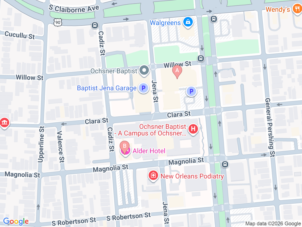 Map of Ochsner-affiliated facilities that provide services related to Women’s Cardiology Care