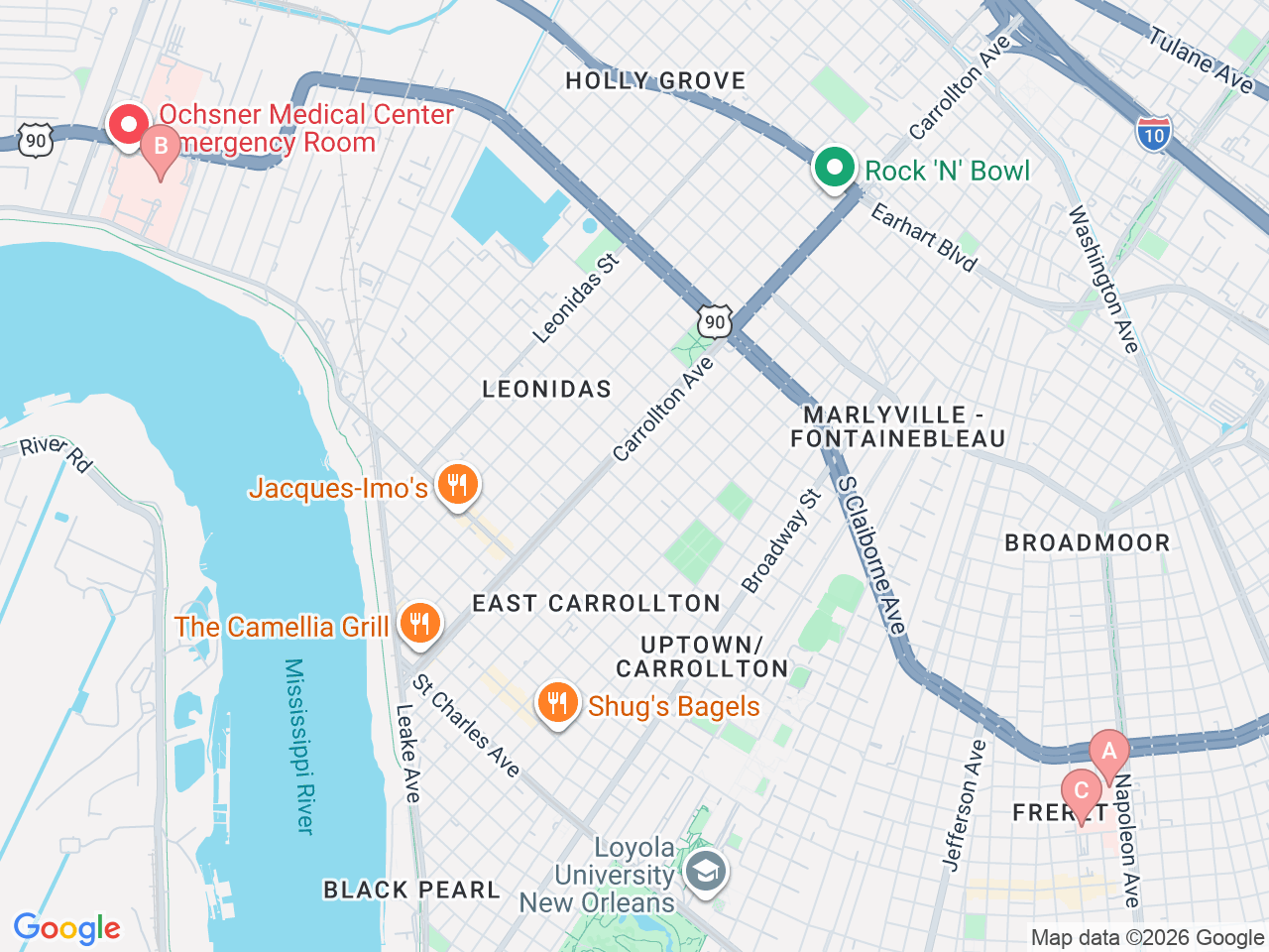 Map of Ochsner-affiliated facilities that provide services related to Women’s Cardiovascular Care