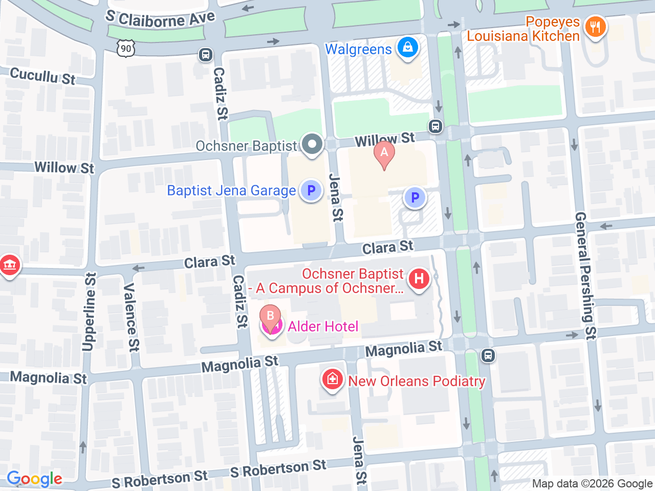 Map of Ochsner-affiliated facilities that provide services related to Women’s Cardiology Care