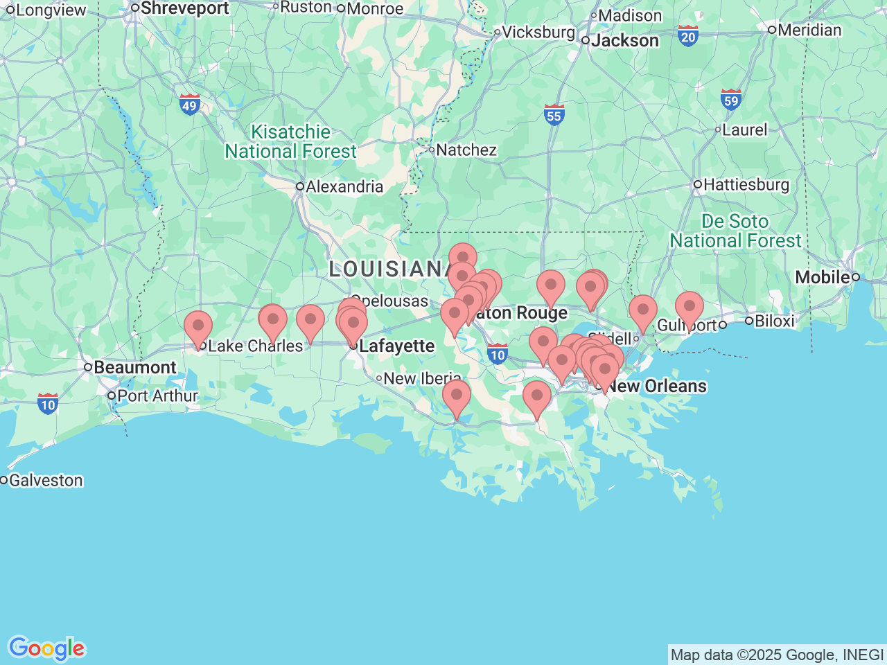 Map of Ochsner-affiliated facilities that provide services related to Women’s Services