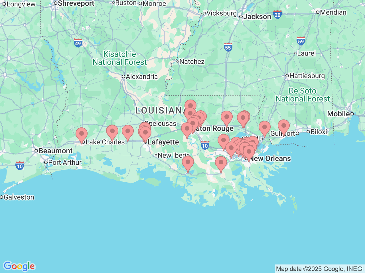 Map of Ochsner-affiliated facilities that provide services related to Women’s Services