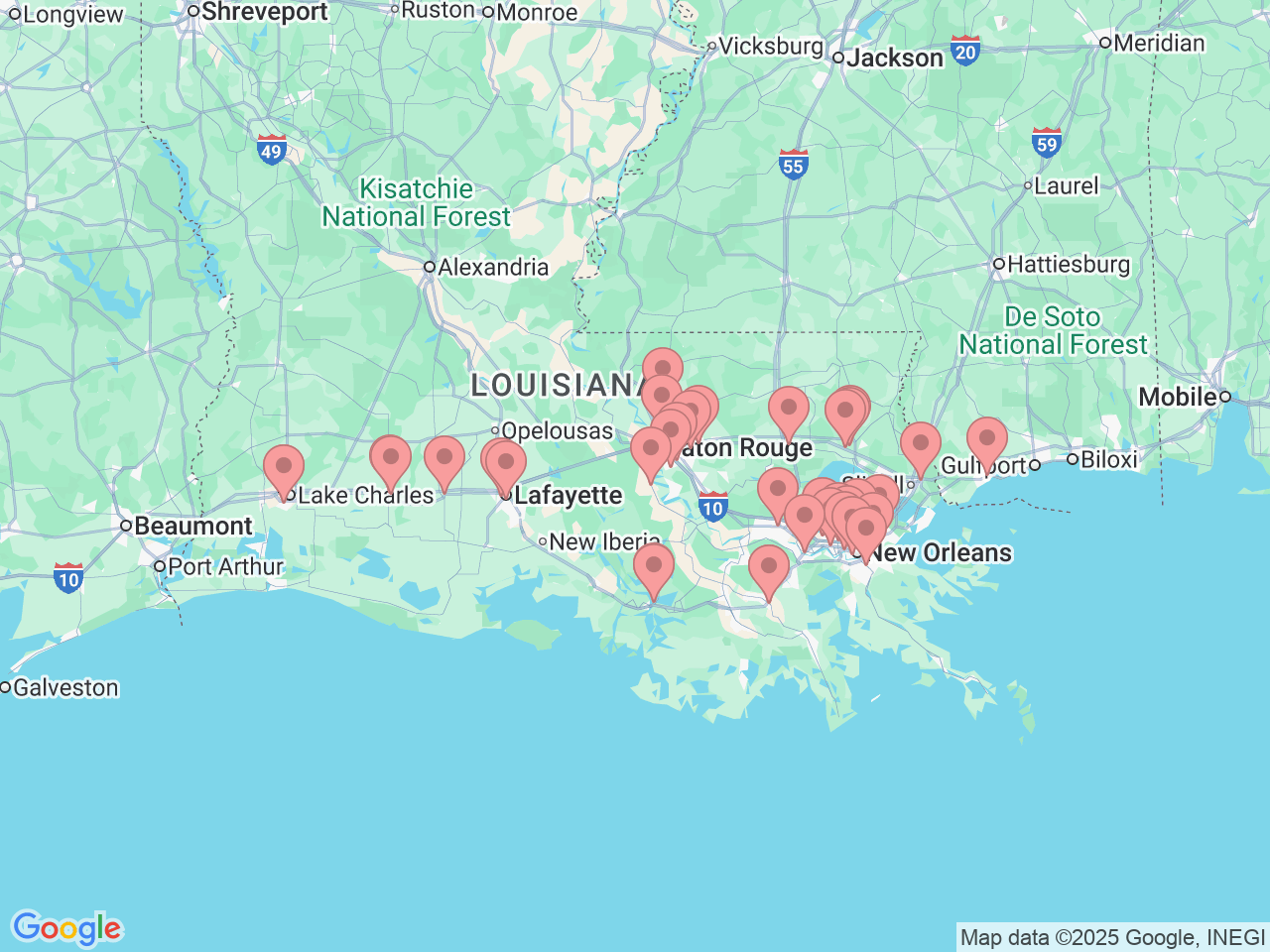 Map of Ochsner-affiliated facilities that provide services related to Women’s Services