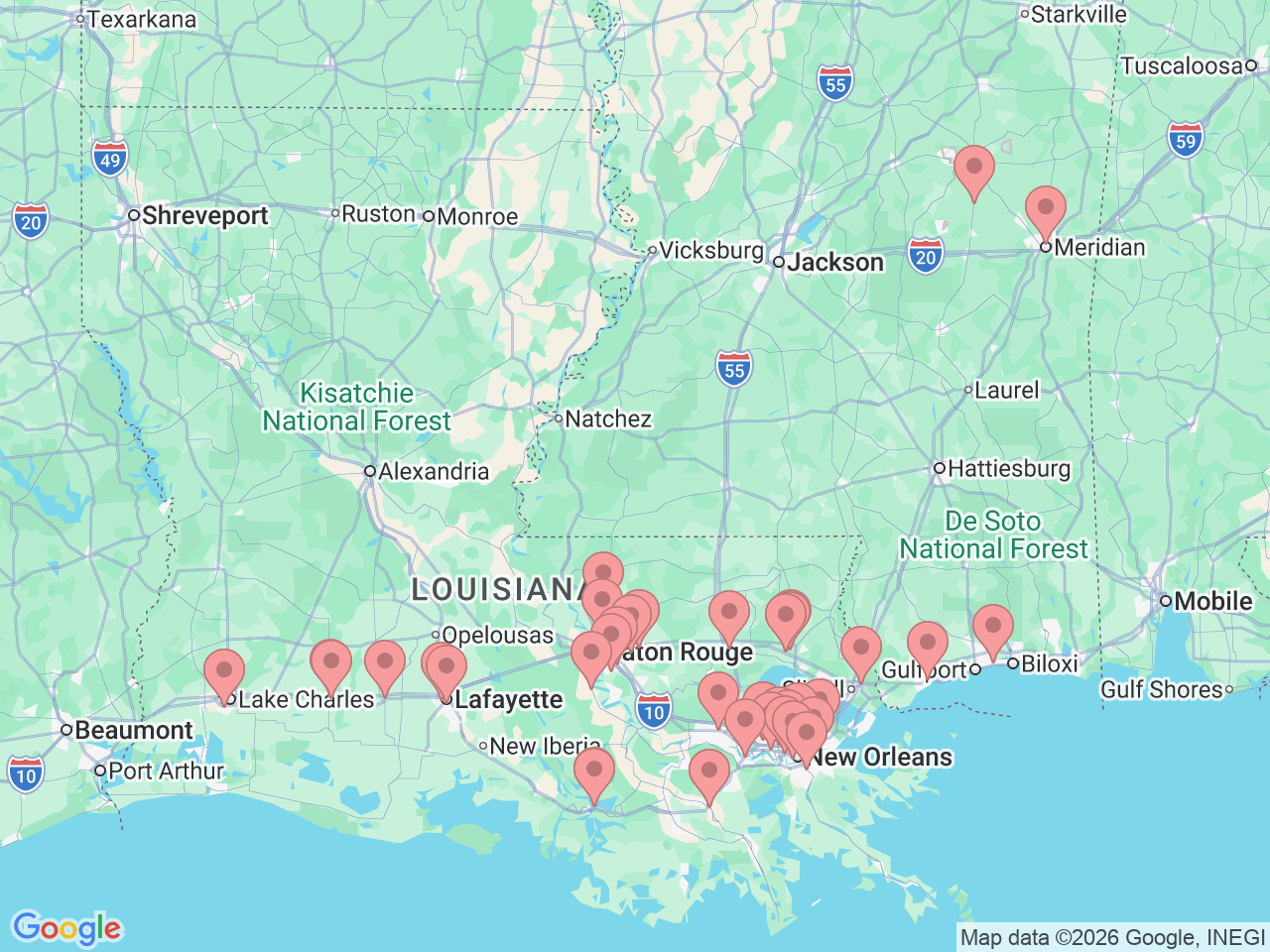 Map of Ochsner-affiliated facilities that provide services related to Women’s Services