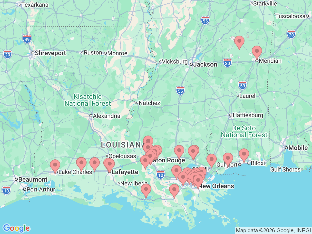 Map of Ochsner-affiliated facilities that provide services related to Women’s Services