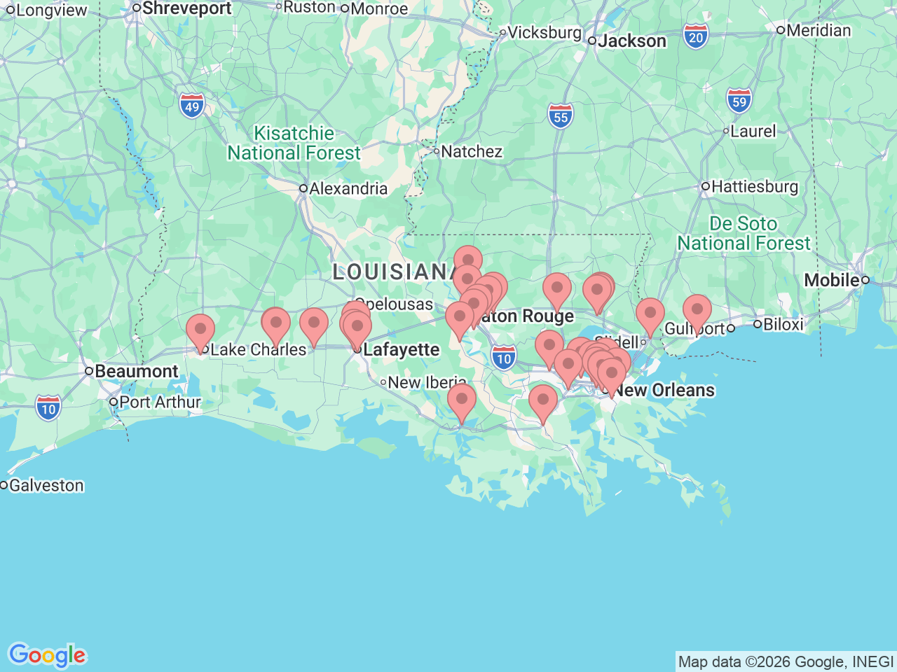 Map of Ochsner-affiliated facilities that provide services related to Women’s Services