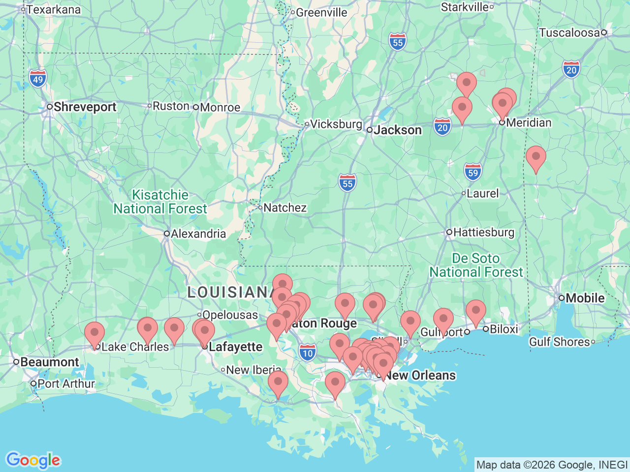 Map of Ochsner-affiliated facilities that provide services related to Women’s Services