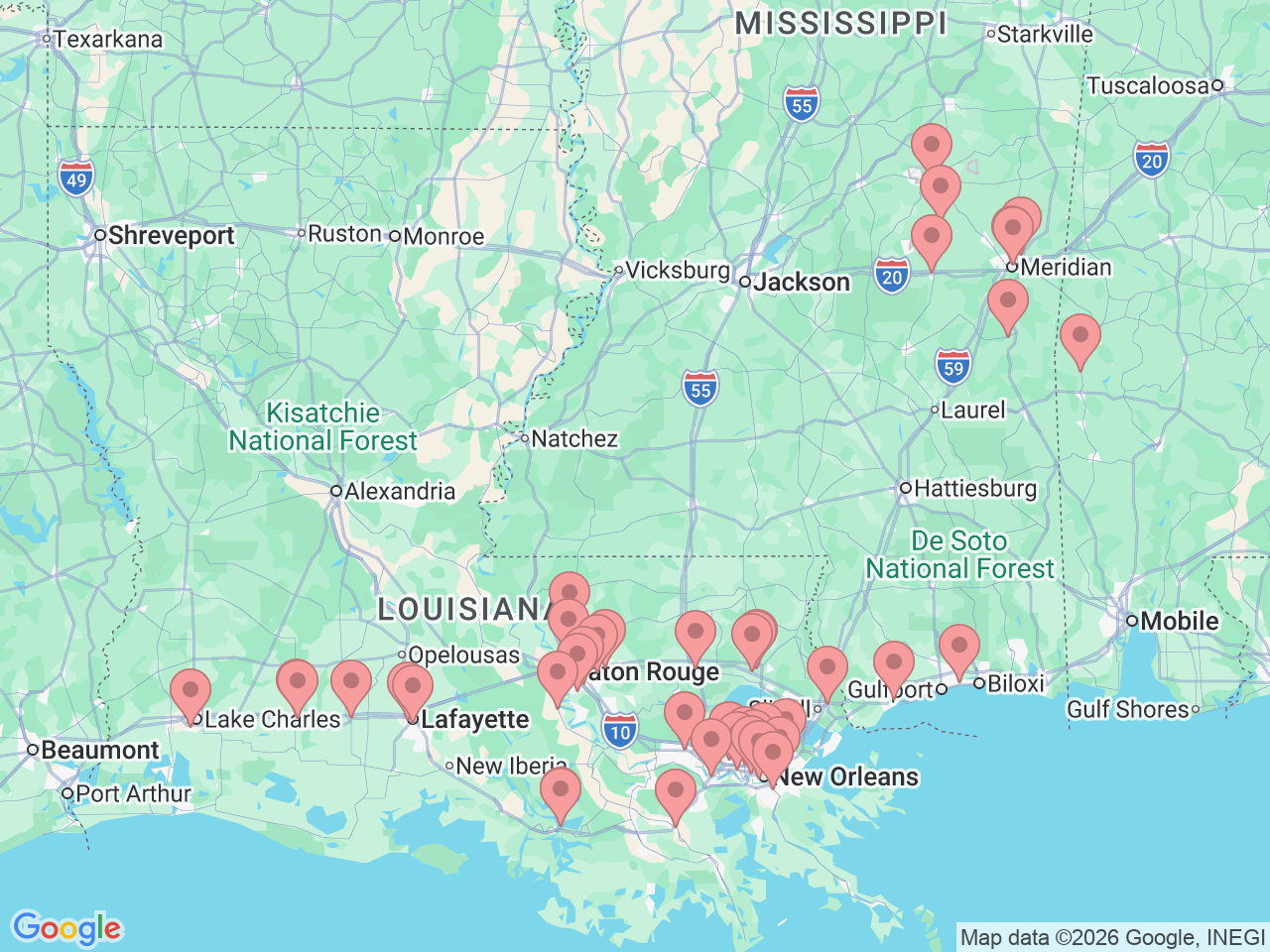Map of Ochsner-affiliated facilities that provide services related to Women’s Services