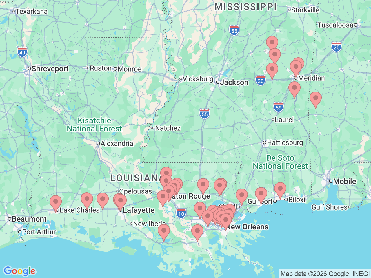 Map of Ochsner-affiliated facilities that provide services related to Women’s Services