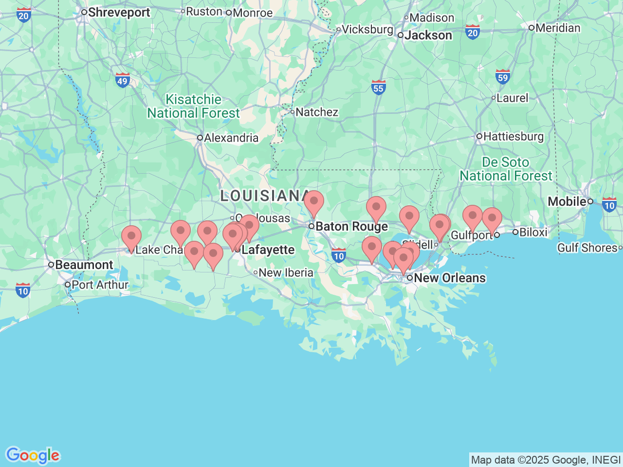 Map of Ochsner-affiliated facilities that provide services related to X-Rays